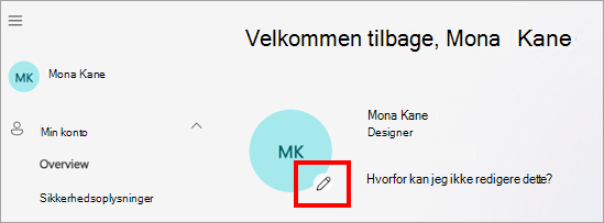 Skærmbillede af portalen Min konto, der viser brugernes profilbillede, navn og forskellige indstillinger for kontoindstillinger, f.eks. sprog, tidszone og indstillinger for beskyttelse af personlige oplysninger. Ikonet Rediger er synligt over profilbilledet, der angiver, hvor brugerne kan klikke for at opdatere deres billede.