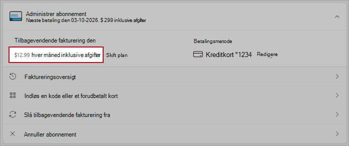 Skærmbillede, der viser detaljer om indstillingen Skift plan i indstillinger for tilbagevendende fakturering.
