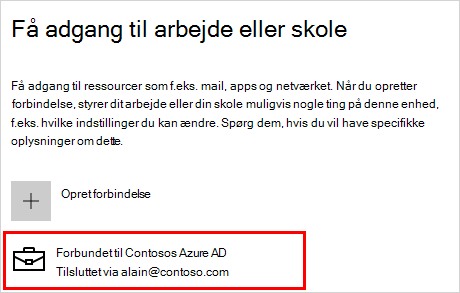 Få adgang til arbejds- eller skoleskærmen med en forbundet Contoso-konto
