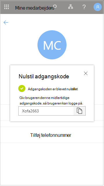 Kopiér den midlertidige brugeradgangskode efter en nulstilling i Mit personale