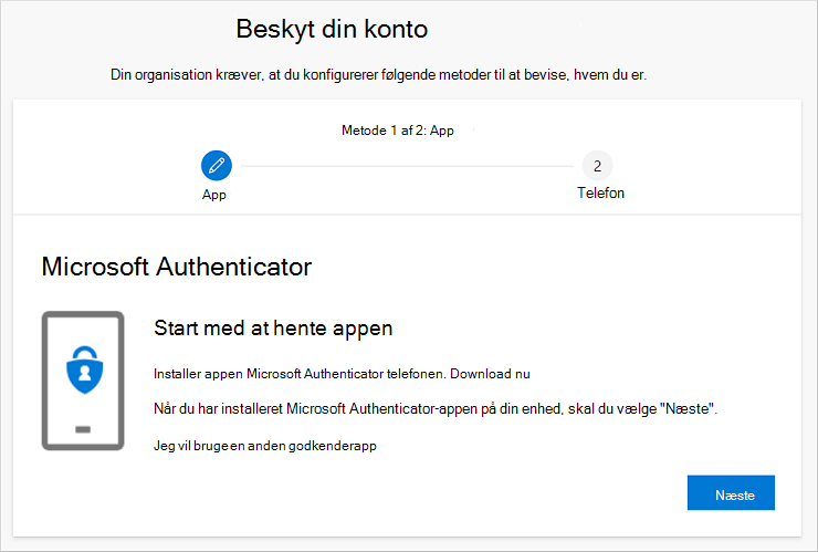 Guiden Beskyt din konto, der viser downloadsiden for Authenticator-appen