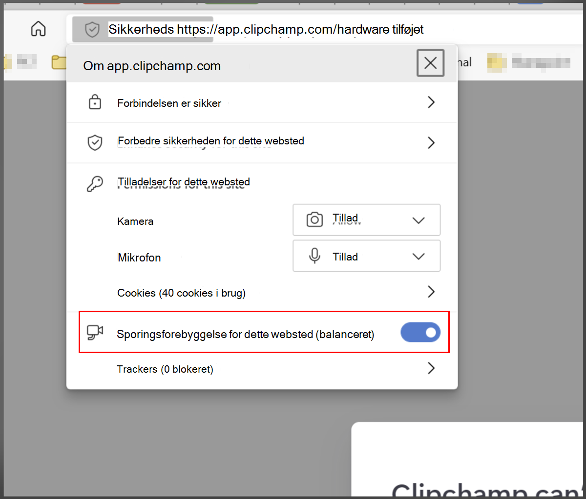 Edge-ekstra sikkerhed, hvidliste Clipchamp 2