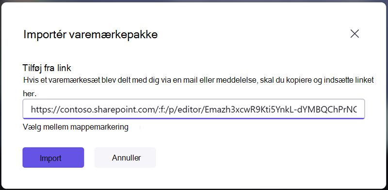 Importér en pakke med varemærker ved at angive et delingslink, du har modtaget fra en anden.