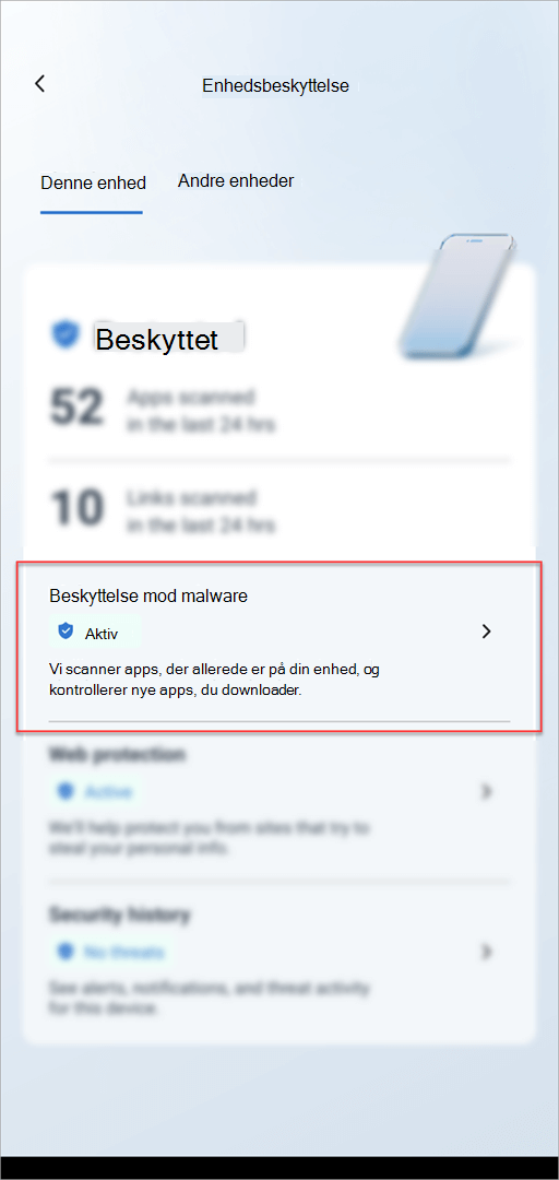 Kortet Enhedsbeskyttelse i Microsoft Defender på Android, der viser afsnittet Beskyttelse mod malware fremhævet.