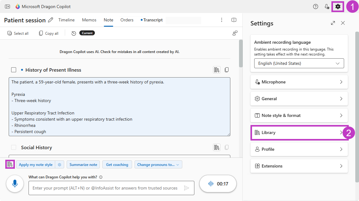 Sample HPI section with library icon, settings icon and library highlighted.