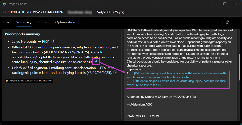 Screenshot that shows Prior report summary provenance with highlighted referenced text in the prior report.