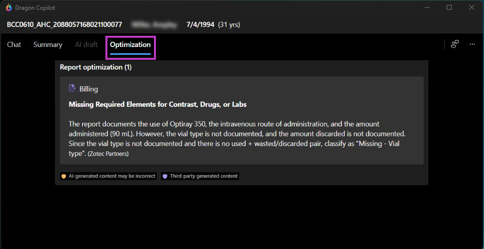 Screenshot shows Optimization feature highlighted in Dragon Copilot with sample report optimization suggestions.