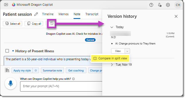 Image of the Version history for a note.