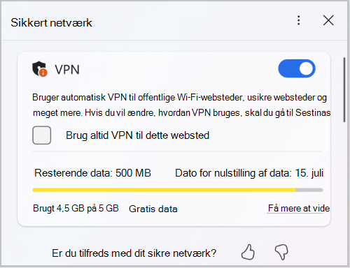 Skærmbillede af grænsen for sikker netværksdata i Edge
