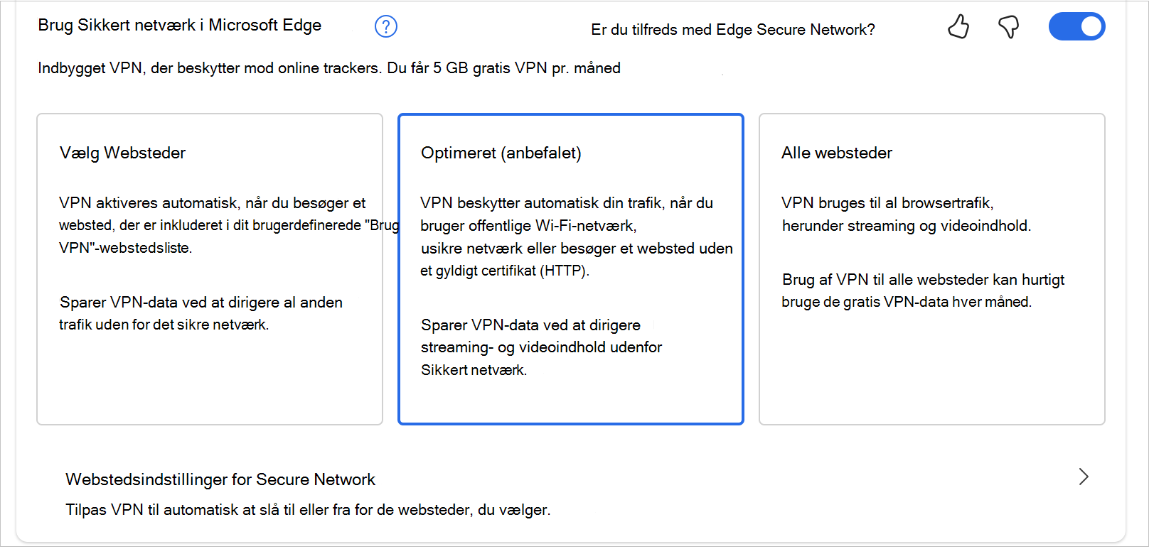 Skærmbillede af indstillingerne i MicrosoftEdgeSecureNetwrok