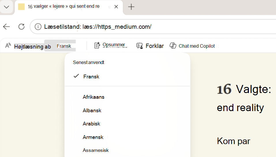 Skærmbillede af Læsetilstand Oversæt.
