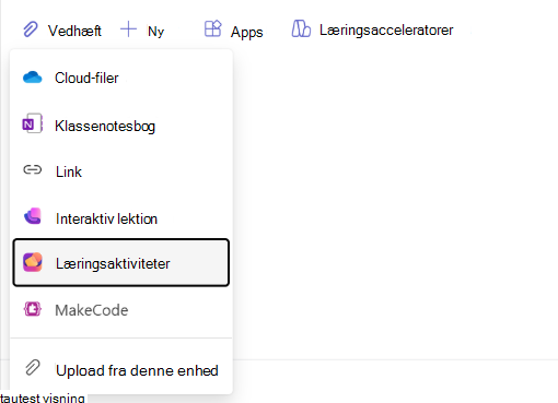 Skærmbillede af navigation til læringsaktiviteter.
