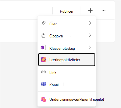 Skærmbillede af indstillingen Læringsaktiviteter i modulmenuen Klassearbejde.