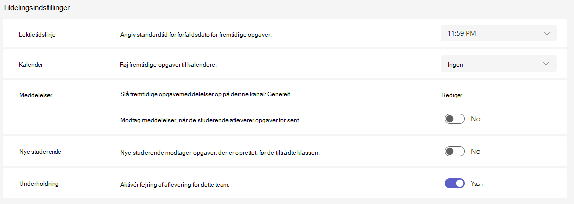 Skærmbillede af opgaveindstillinger.