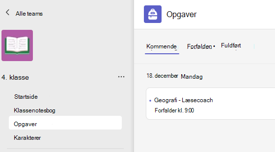 Skærmbillede, der viser opgaver