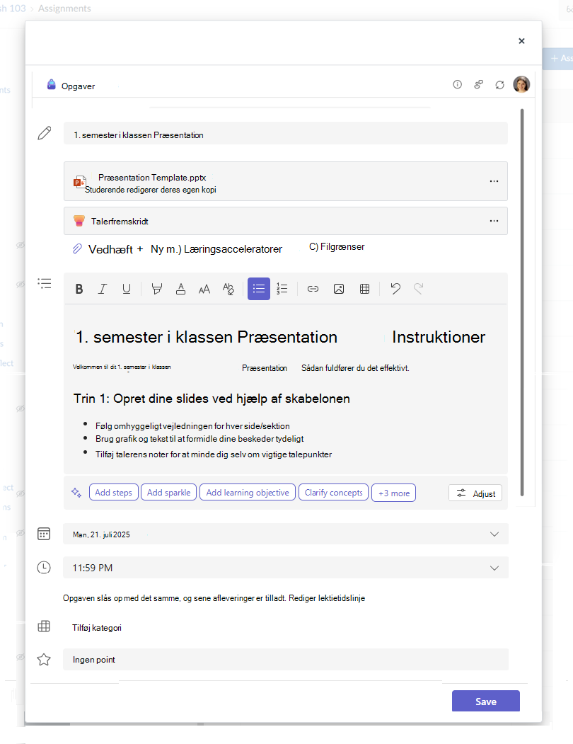 Dialogboksen Opret Microsoft-opgave med tekst