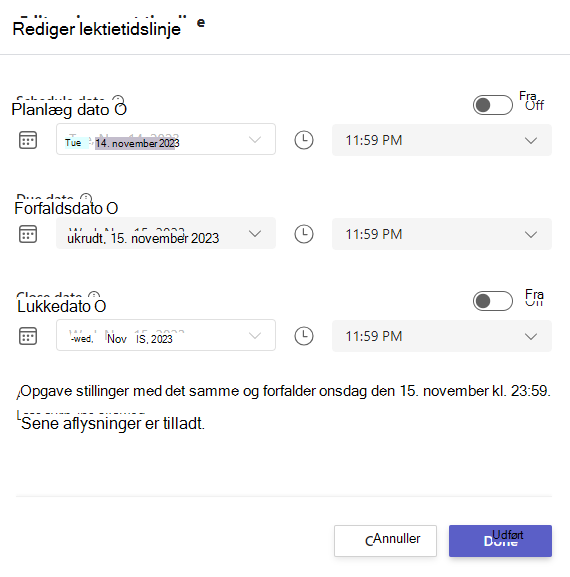 Skærmbillede af tidslinje for redigering af opgave.