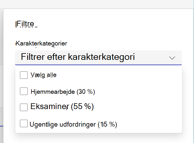 Viser udvidede karakterkategorier på opgavelisten