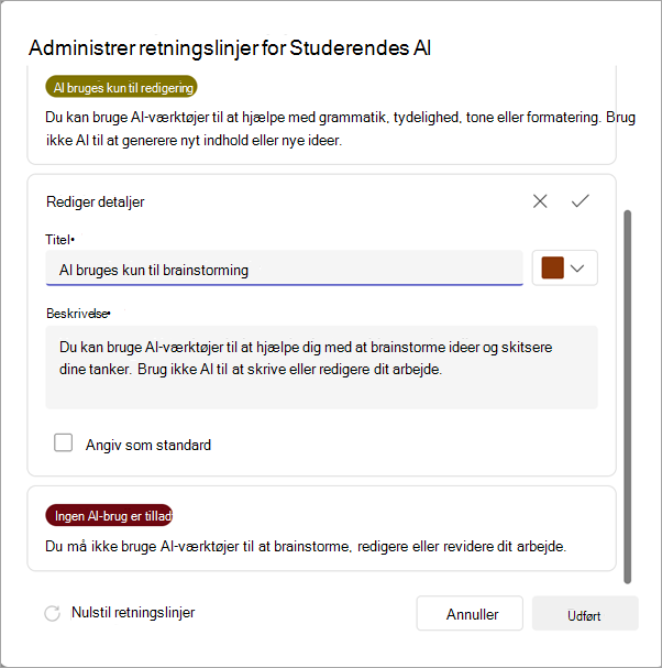 Skærmbillede af indstillinger for administration af retningslinjer for kunstig intelligens.