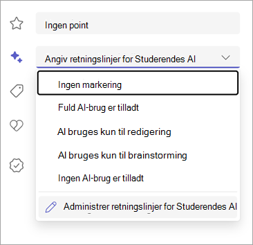 Skærmbillede af indstillinger for angivelse af retningslinjer for studerendes kunstig intelligens.