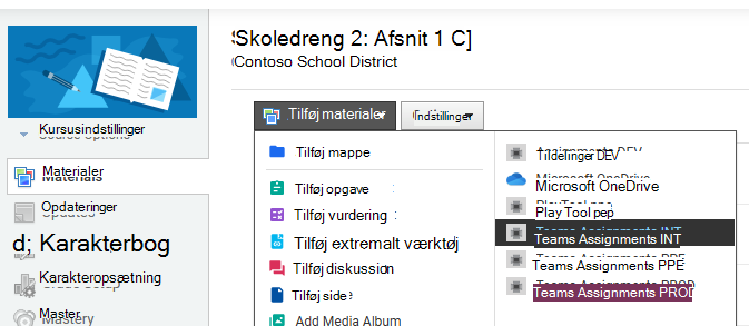 Skærmbillede af materialer.