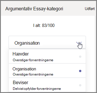 Vælg den sektion af den studerendes opgave, der skal give karakter