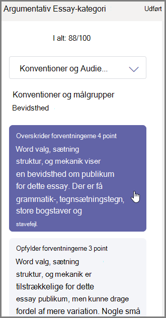 Vælg den karakter, du vil give eleven for den valgte sektion, og skriv feedback nederst