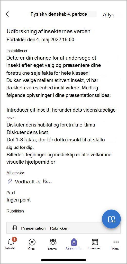 Skærmbillede af, hvad de studerende ser, når de indsender en opgave i Teams til mobilenheder.