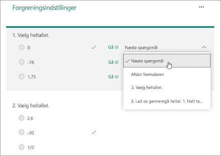 Skærmbillede af valg af et spørgsmål at forgrene til.