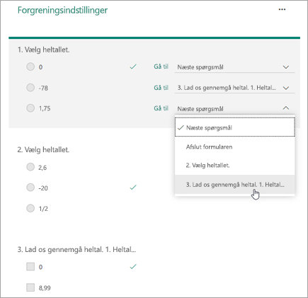 Skærmbillede af forgreningsspørgsmål.
