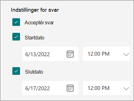 Skærmbillede af formular-/testindstillinger, hvor brugerne kan angive en start- og slutdato for besvarelser.