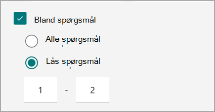 Skærmbillede af test-/formularindstilling til bland og låsning af testspørgsmål.