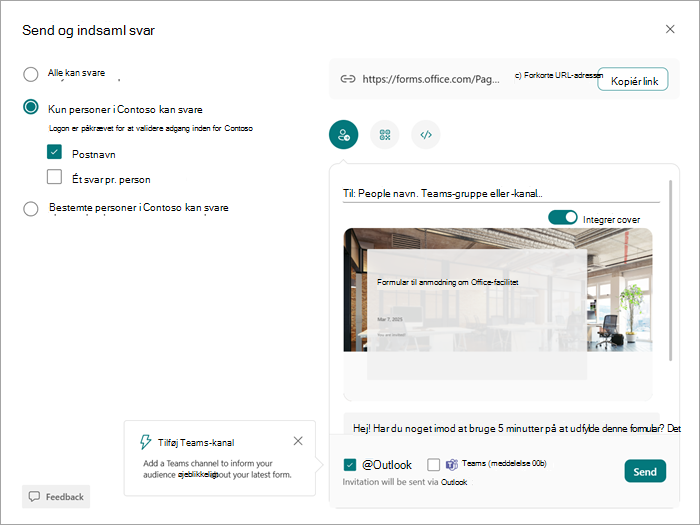 Skærmbillede af dialogboksen Send og indsaml, hvor du kan vælge, hvem der kan få vist og besvare din formular eller test.
