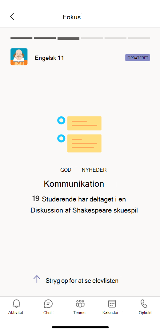 Skærmbillede, der viser fokus på kommunikationsdata fra Insights i mobilvisning, viser underviseren 19 elever, som har deltaget i en diskussion om Shakespeare.