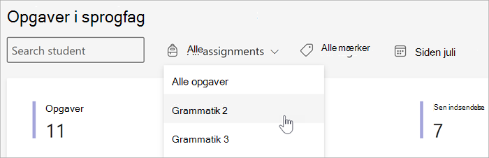 skærmbillede af de tilgængelige filtre i visningen Opgaver og karakterer i Insights. Du kan søge efter elev, efter opgave efter mærke eller efter dato.