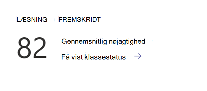 Skærmbillede, der viser indgangspunktet til visning af detaljerede data for læsefremskridt i Insights. Den gennemsnitlige nøjagtighed er angivet med et link til at gå lidt mere i dybden.