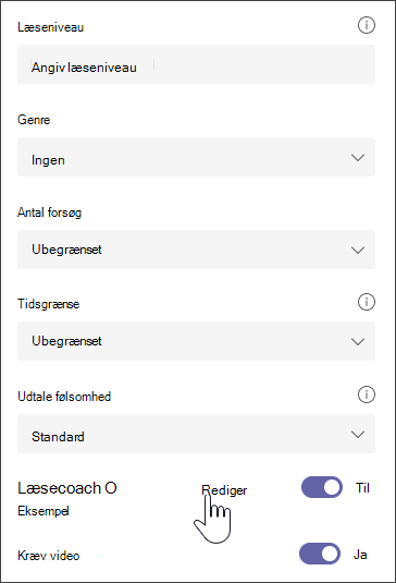 skærmbillede af det valgte afsnit med yderligere indstillinger til redigering af opgaven