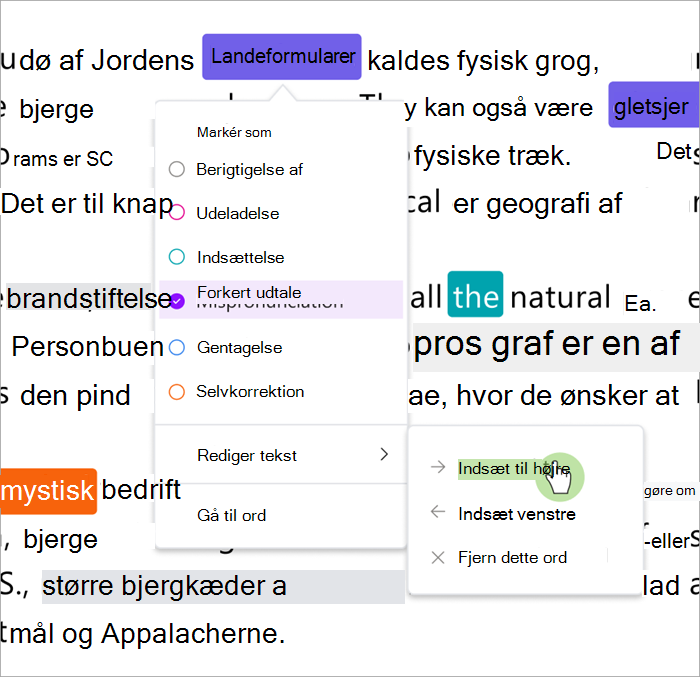 Skærmbillede af evalueringsruden i læsefremskridt, der viser, hvordan du indsætter ord til højre eller venstre for et markeret ord