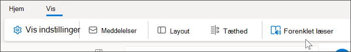 Skærmbillede af toppen af Outlook Web, der viser fanen Vis valgt og musen holdes over Forenklet læser
