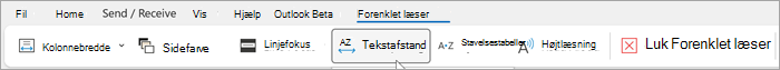 Skærmbillede af Forenklet læser-båndet i Outlook på computeren. Indstillinger fra venstre mod højre er kolonnebredde, sidefarve, linjefokus, tekstafstand, stavelser, højtlæsning, luk forenklet læser