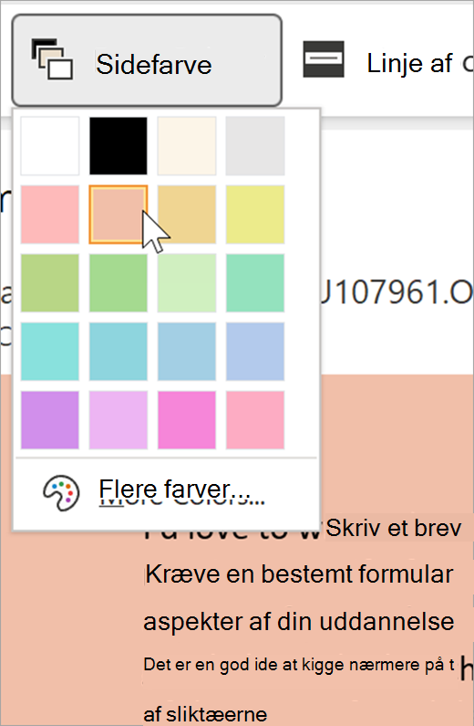 skærmbillede af rullemenuen sidefarve til forenklet læser. Der vises en farvepalet, og baggrunden bag rullelisten er pastel orange