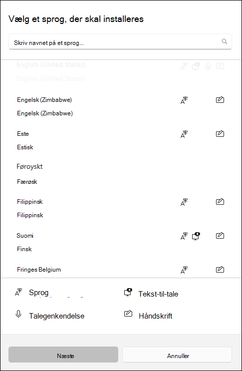 Skærmbillede af sprogpakker, der kan downloades i Windows 10-indstillinger.