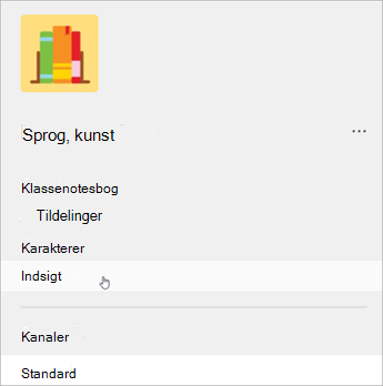 Skærmbillede af venstre navigation i Teams, En liste viser klassenotesbog, opgaver, karakterer og derefter indsigter.