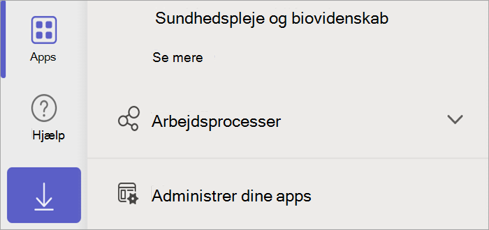 Skærmbillede af Teams, der viser knappen Apps, som viser knappen Administrer dine apps.