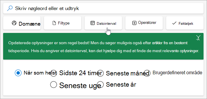 Skærmbillede af indstillingerne for datointerval, seneste 24 timer, seneste uge, sidste måned, seneste år, brugerdefineret interval.
