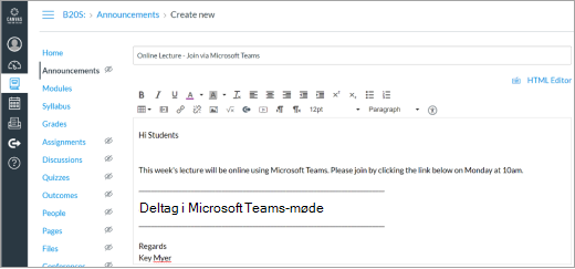 Microsoft Teams-link i lærredsindlæg