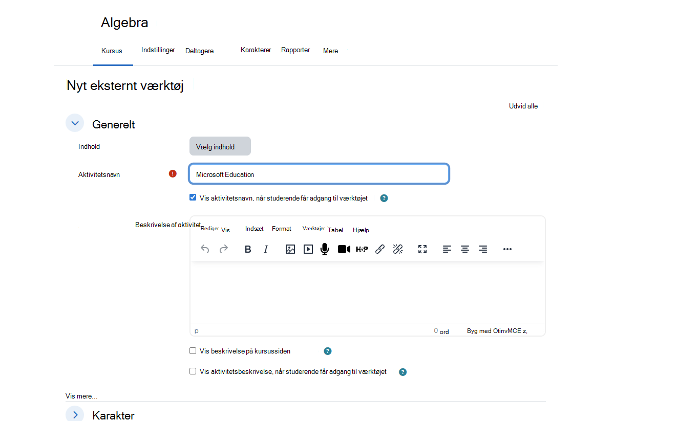Dialogboksen Nyt eksternt værktøj i Moodle