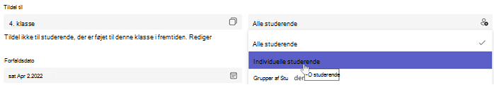 Skærmbillede af oprettelse af opgave, der vælger Tildel til: individuelle studerende