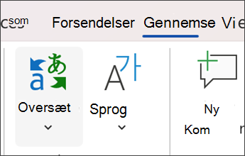 skærmbillede i Microsoft Word af valg af Gennemse og derefter Oversæt