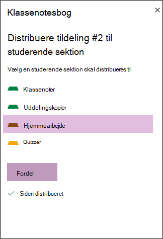 Eksempel på distribueret opgave i OneNote på internettet